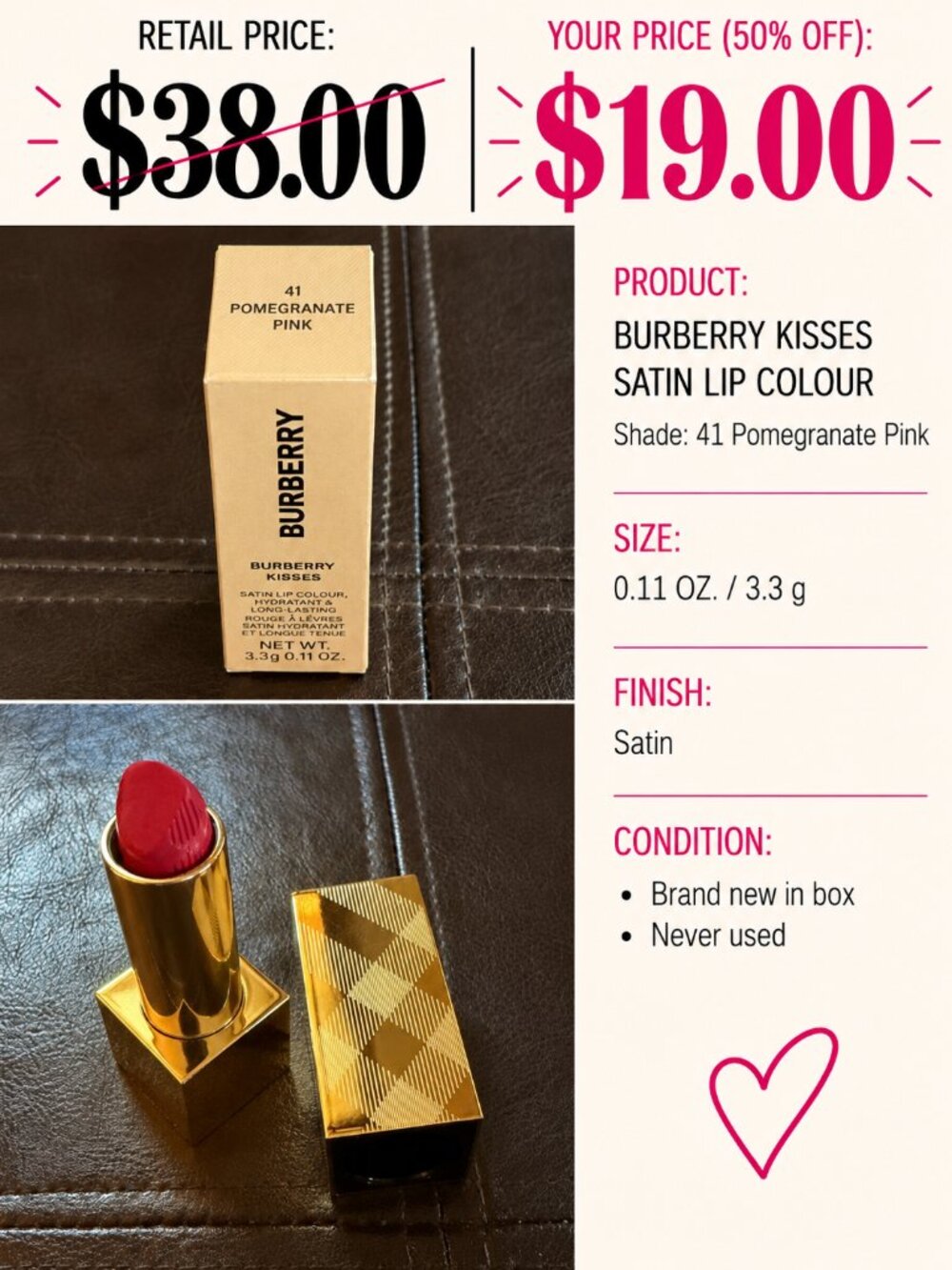 Burberry Kisses Satin Lip Colour — 113 Union Red & 41 Pomegranate Pink $19 Each